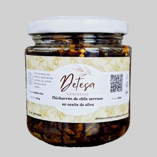 Chicharrón de chile serrano en aceite de oliva